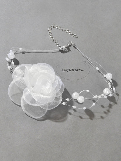 Romantic Jewellery Multi-layer Pearl Chain White Flower Choker Floral Necklace-3