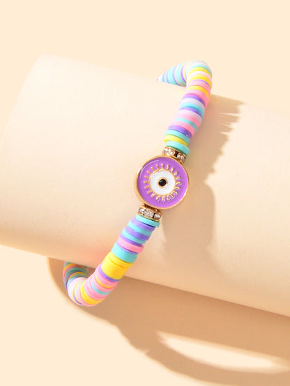 Heishi Surfer Handmade Evil Eye Rainbow Vinyl Disc Beaded Stretchy Bracelet Gift-3