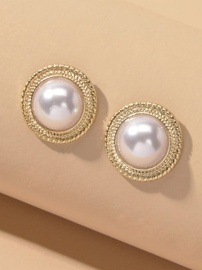 Retro Pearl Decoration Gold Plated Round Stud Wedding Engagement Female Earrings-3