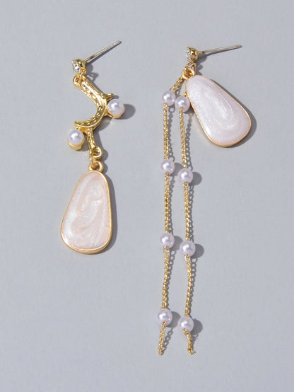 Retro Design Asymmetric Long Gold Chain Pearl Enamel Geometric Dangle Earrings-3