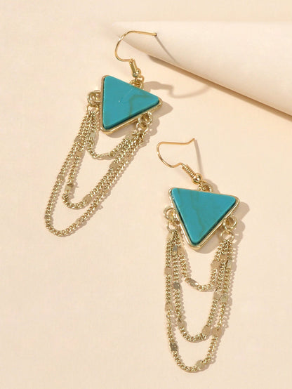Boho Chic Jewellery Gold Chain Tassel Dangle Turquoise Triangle Ethnic Earrings-3