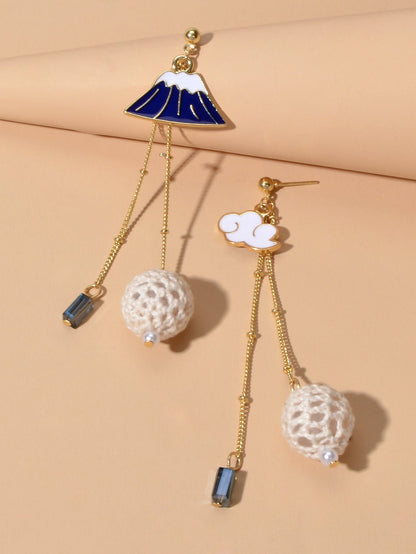 Creative Asymmetric Design Gold Chain Ball White Blue Cloud Mountain Earrings-3