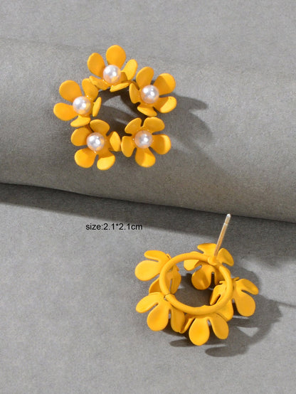Delicate Pearl Decoration Yellow Flower Stud Hypoallergenic Small Women Earrings-3