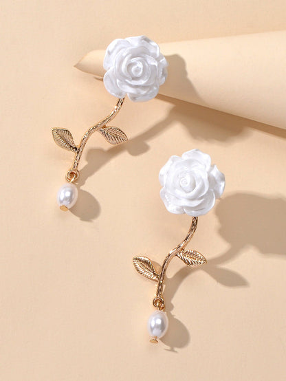 Elegant Resin Flower Leaf Pearl Charm Dangling Classic Stunning Bridal Earrings-3