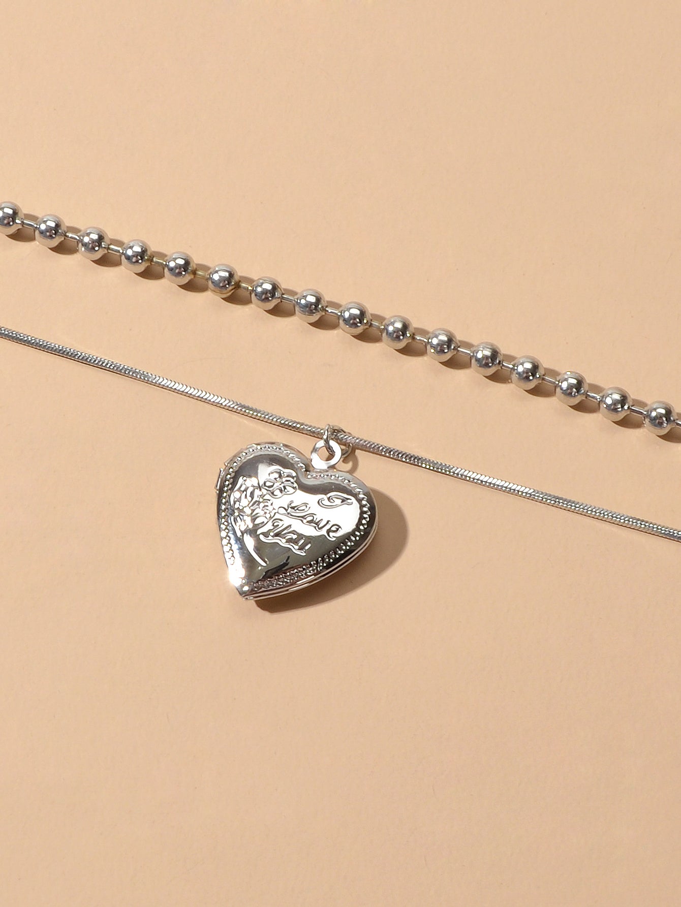 Female Jewellery Double layer Silver Multiple Popcorn Chain Heart Charm Necklace-3