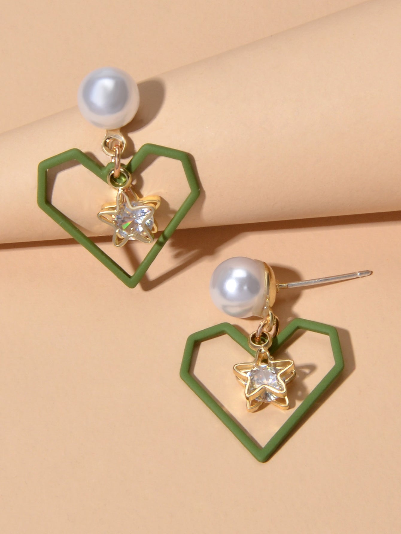 Love Gift for Women Girls Rhinestone Pearl Decor Gold Star Heart Dangle Earrings-3