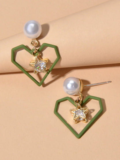 Love Gift for Women Girls Rhinestone Pearl Decor Gold Star Heart Dangle Earrings-3