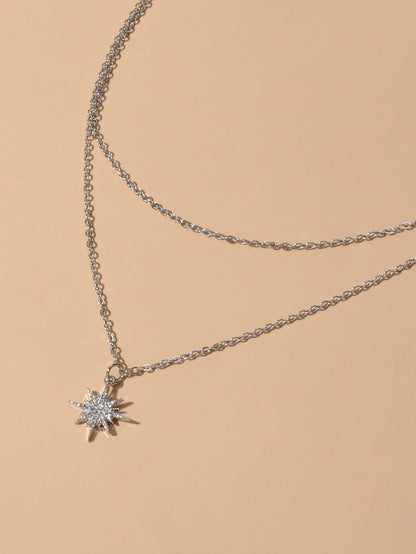Trendy Jewellery Double layer Silver Chain Rhinestone Decor Star Charm Necklace-3