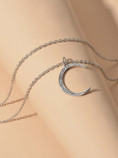 Women Accessories Double layer Chain with Rhinestone Moon Charm Trendy Necklace-3