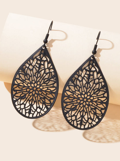 Vintage Black Flower Pattern Hollow Water Drop Earrings Trendy Women Accessories-3