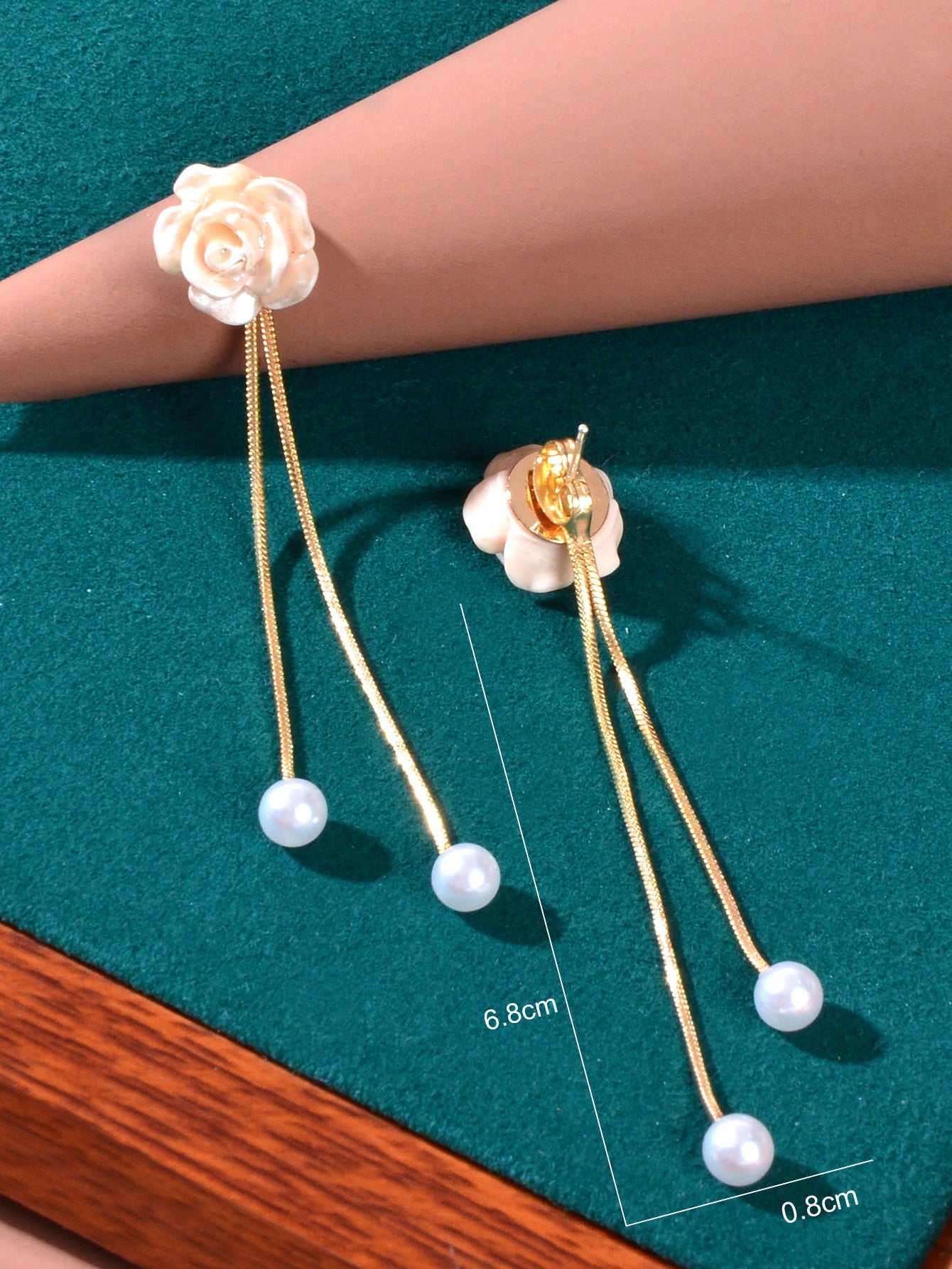 Romantic Resin Flower Pearl Charm Long Gold Chain Pendant Earrings Women Date-3