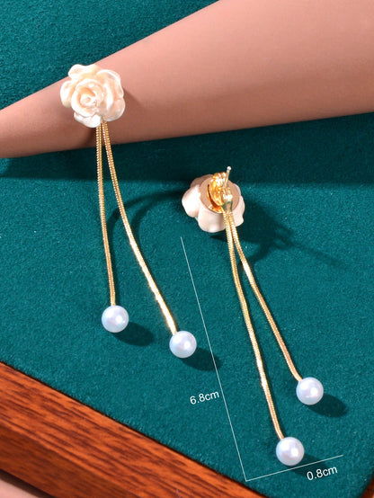 Romantic Resin Flower Pearl Charm Long Gold Chain Pendant Earrings Women Date-3