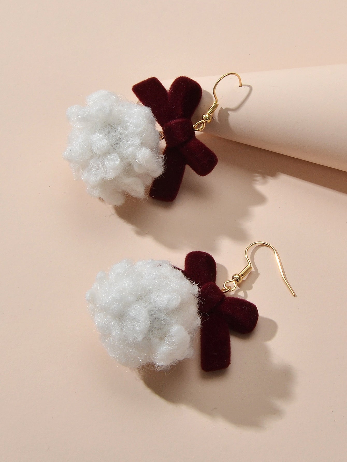 Sweet Winered Velvet Bowknot White Ball Cotton Dangle Earrings Girls Dainty Gift-3