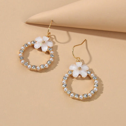 Elegant Jewellery Pearl Rhinestone Acrylic Flower Circle Dangle Hook Earrings-3