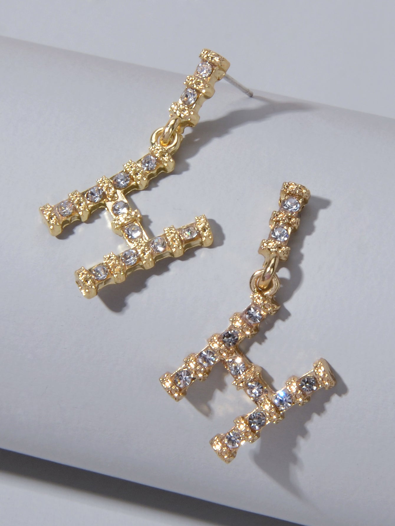 Textured Full Faux Cubic Zirconia Luxury Gold Letter Dangle Earrings for Women-3