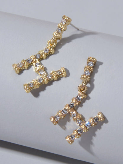 Textured Full Faux Cubic Zirconia Luxury Gold Letter Dangle Earrings for Women-3