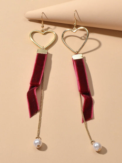 Gold Heart Velvet Decor Pearl Charm Long Chain Pendant Earrings Retro Jewellery-3