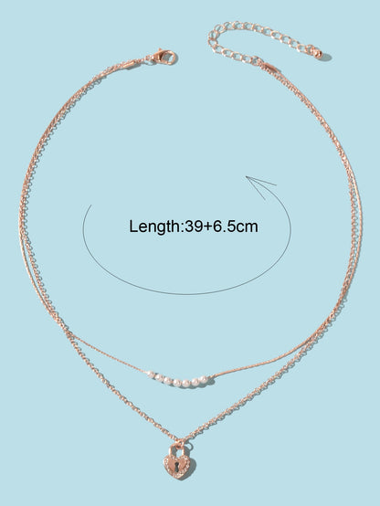 Double Layer Rose Gold Chain String Pearl Heart Lock Pendant Necklace Girlfriend-3
