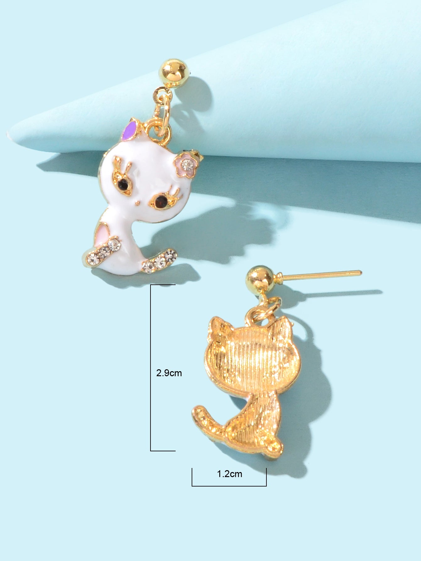 Lovely Cartoon Design Rhinestone White Enamel Cat Pendant Stud Pierced Earrings-3