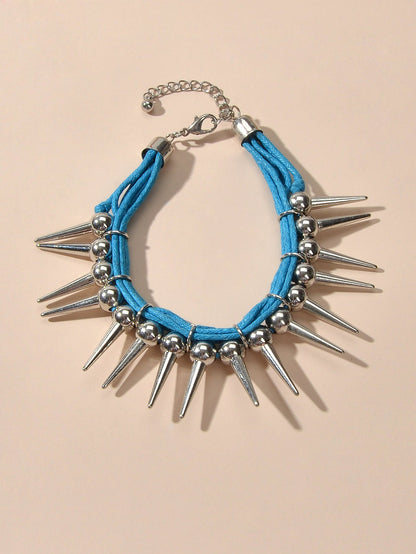 Grunge Punk Rock Jewelry Blue Pu Leather Multi-layer Chain Silver Spike Bracelet-3