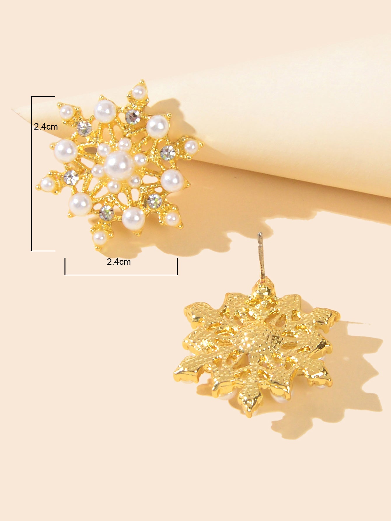 Pearl Rhinestone Gold Snowflake Stud Earrings Women Christmas Party Decoration-3