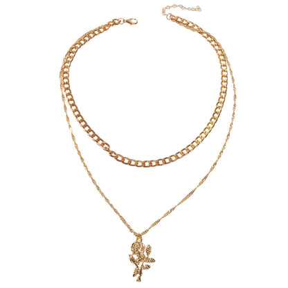 Female Jewelry Double layer Gold Chain Flower Pendant Necklace Women Accessories-3