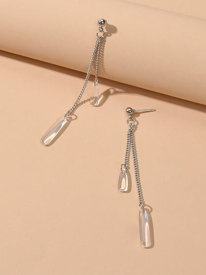 Long Silver Chain Acrylic Water Drop Pendant Earrings Ladies Party Jewellery-3