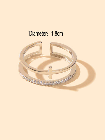 Designer Stylish Rhinestone Decor Silver Hollow out Cross Open Cuff Finger Ring-3