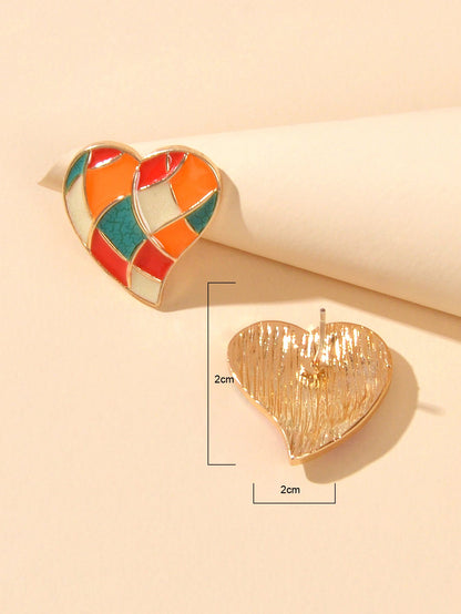 Candy Color Enamel Checkerboard Love Heart Stud Earrings Retro Trendy Accessory-3