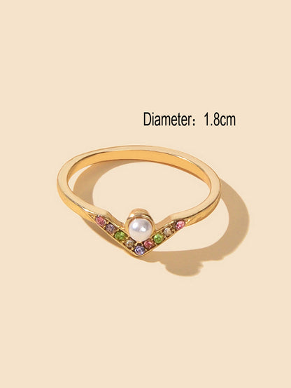 Luxury Wedding Jewellery Multi-colored Rhinestone Pearl V Shape Gold Finger Ring-3