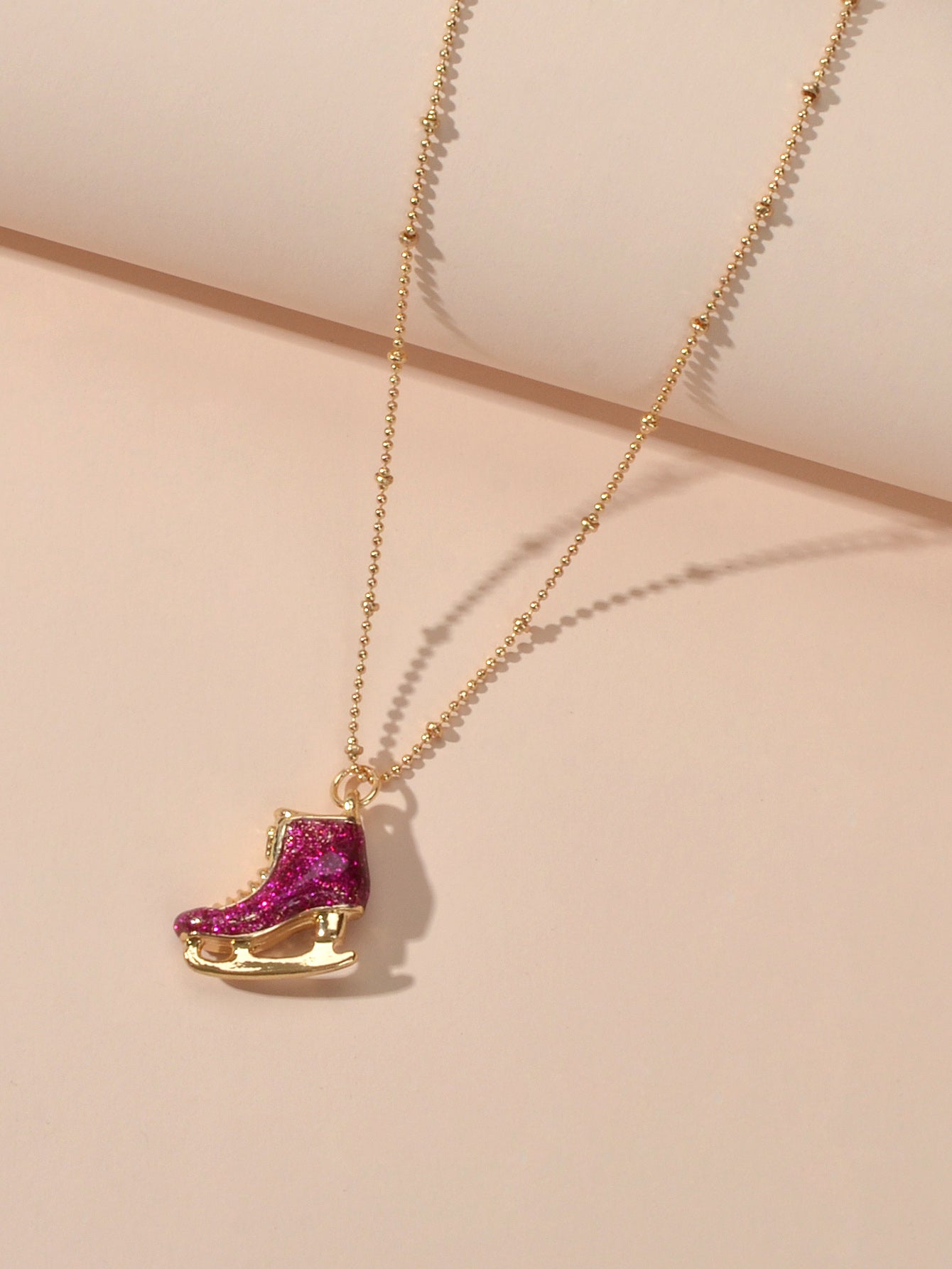 Funny Gift for Women Gold Popcorn Chain Hotpink Ice Skate Shoes Pendant Necklace-3