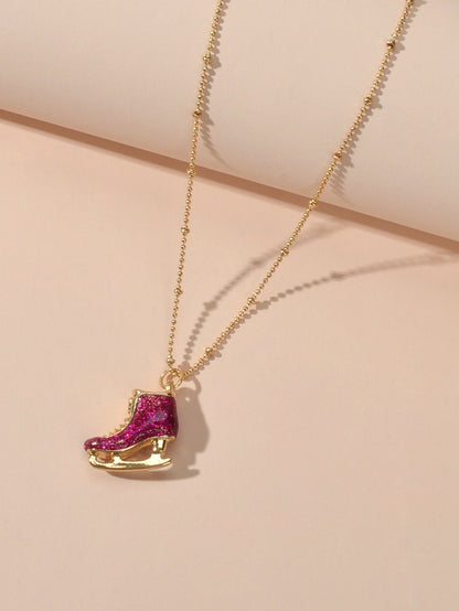 Funny Gift for Women Gold Popcorn Chain Hotpink Ice Skate Shoes Pendant Necklace-3