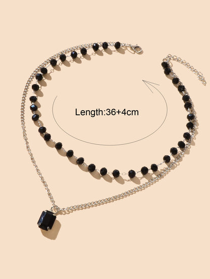 Silver Link Chain Black Beads Layering Personalized Square Charm Necklace Gift-3