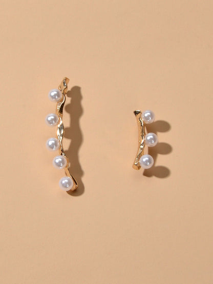 Anniversary Jewellery Pearl Decor Gold Strip Asymmetric Pierced Stud Earrings-3