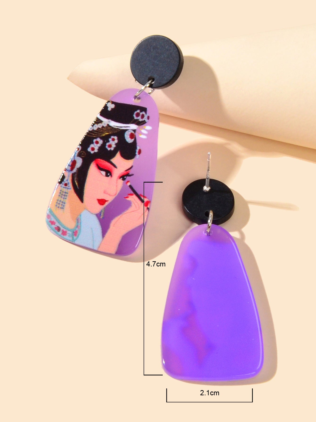 Chinese Style Jewellery Purple Peking Opera Figure Pattern Resin Dangle Earrings-3