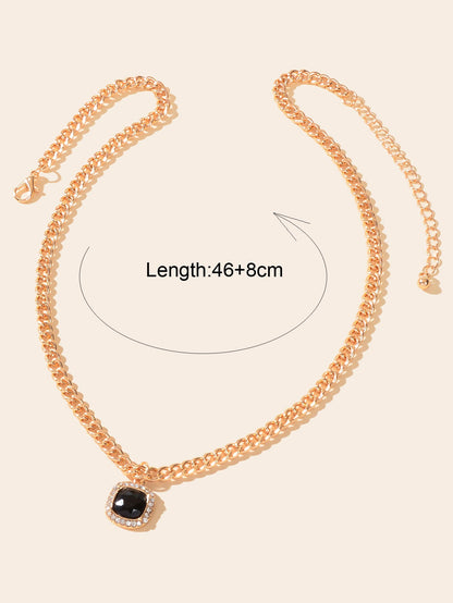 Exquisite Gold Chain Rhinestone Decor Black Square Pendant Women Dinner Necklace-3