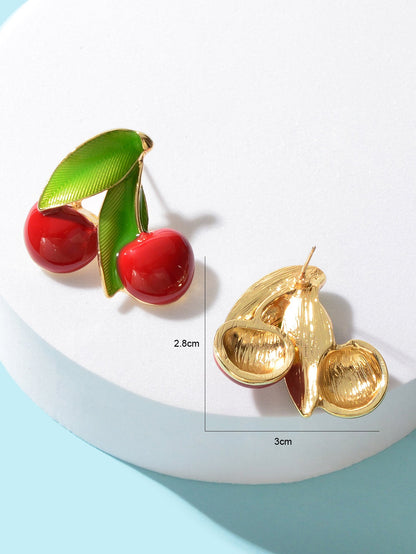 Exquisite Green Leaf Red Cherry Cute Stud Earrings Ladies Fruit Jewellery Gift-3