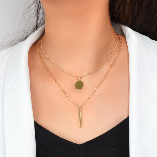 2 pcs Trendy Daily Gold Chain Disc Stick Charm Necklace Minimalist Jewelry Gifts-0