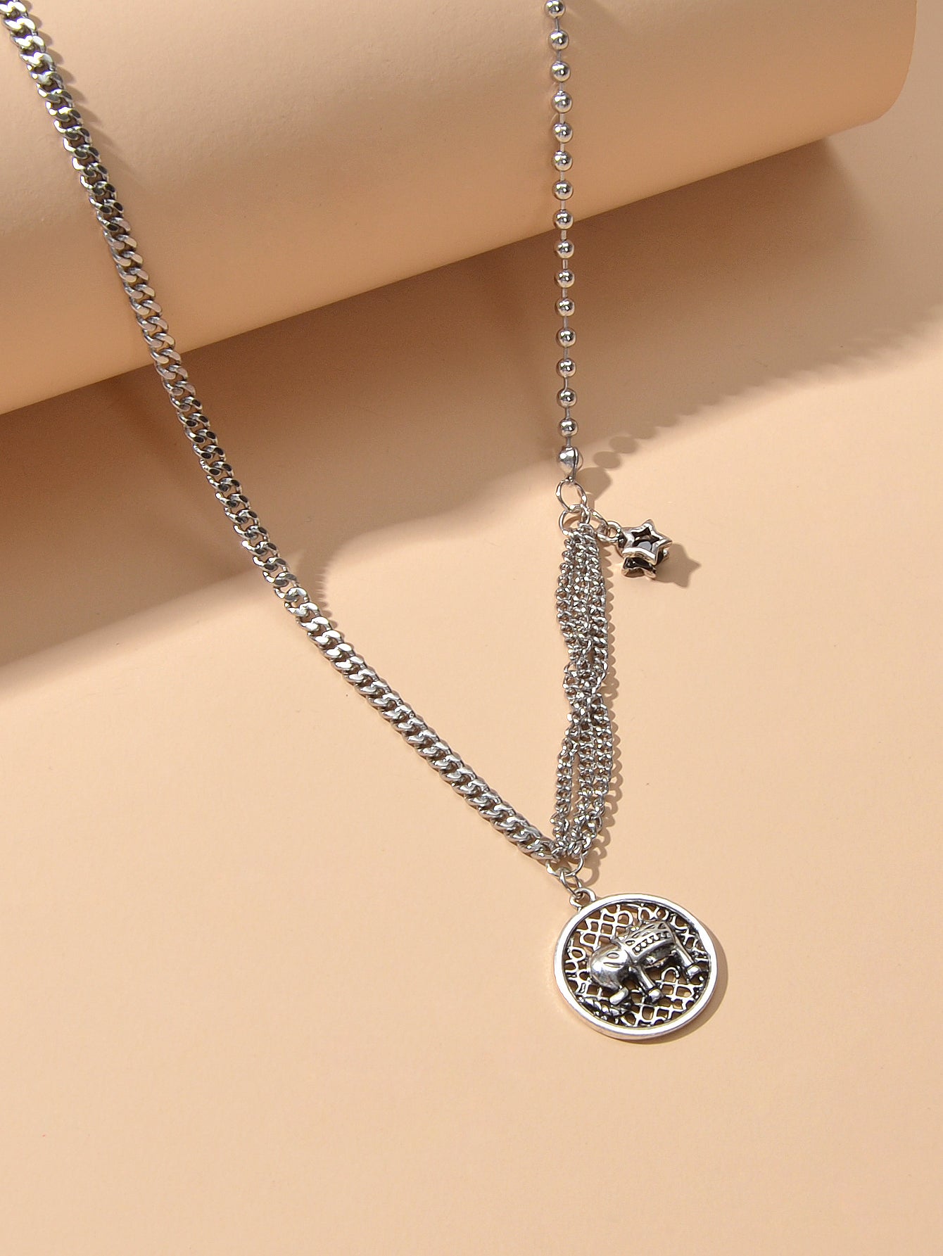 Intricate Antique Silver Multiple Chain Star Elephant Hollow Round Necklace Gift-3