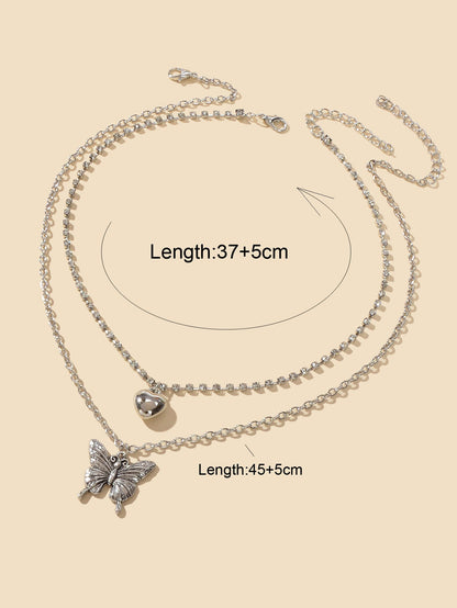 2 pcs Multiple Layered Rhinestone Chain Silver Heart Carved Butterfly Necklace-3