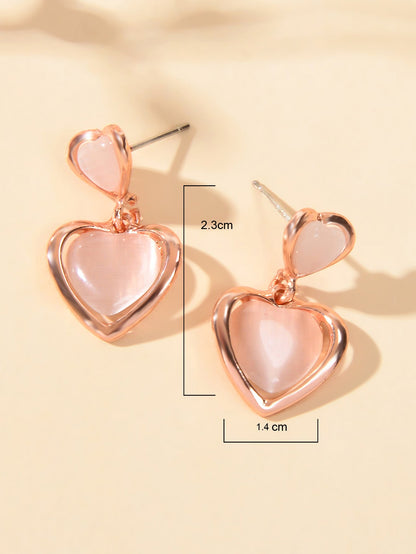 Girlfriend Birthday Gift Elegant Rose Gold Pink Opal Love Heart Dangle Earrings-3