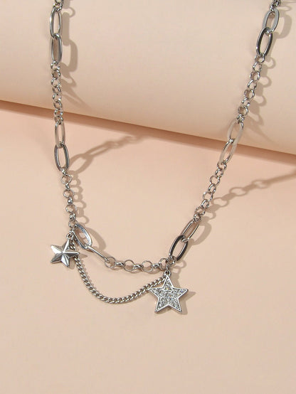 Retro Silver Trendy Paperclip Chain Rhinestone Star Charm Short Collar Necklace-3