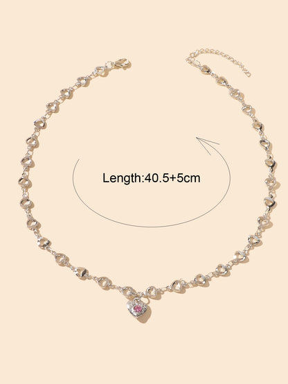 Birthday Anniversary Jewelry Titanium Steel Pink Rhinestone Heart Charm Necklace-3