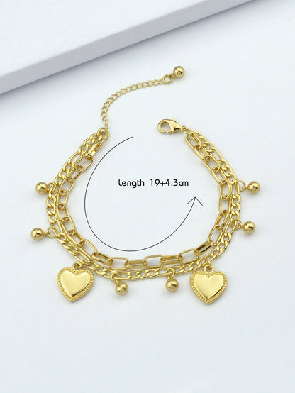 Ladies Jewellery Double layer Gold Silver Paperclip Chain Beads Heart Bracelet-3