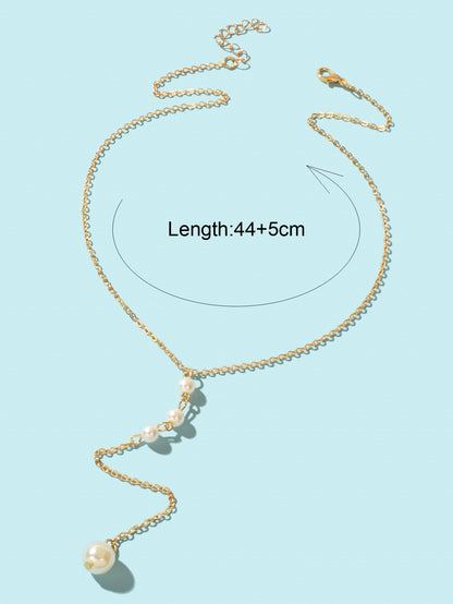 Dinner Jewellery Gold Chain Y Style Pearl Decor Long Pendant Lariat Necklace-3