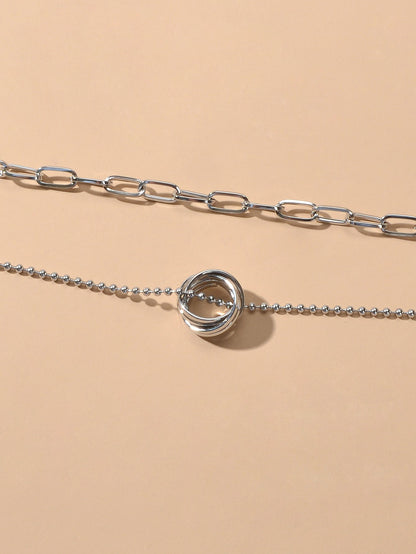 Double layer Silver Chain Circle Pendant Necklace Designer Jewellery Accessories-3