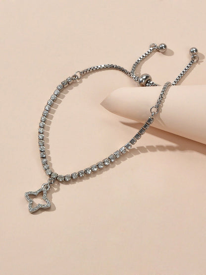 Luxury Full Rhinestone Shining Flower Charm Classic Tennis Adjustable Bracelet-3