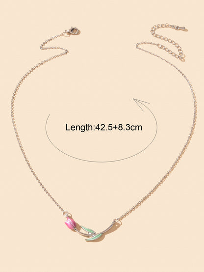 Elegant Silver Chain Green Leaf Pink Tulip Flower Pendant Anniversary Necklace-3