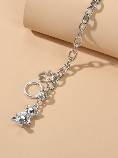 Designer Silver Bear Charm Dainty Cuban Chunky Link Paperclip Chain Bracelets-3