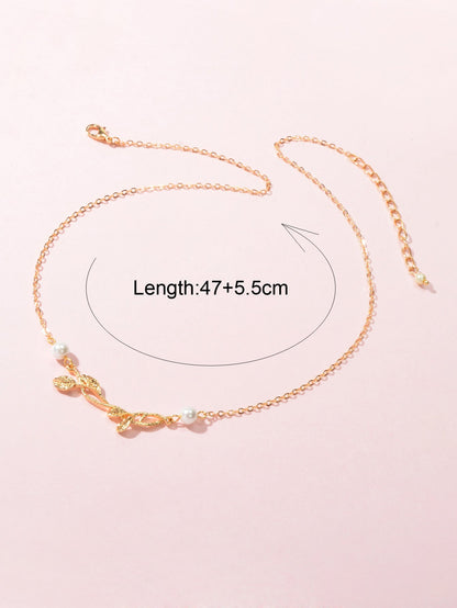 Designer Stylish Jewellery Gold Chain Pearl Decoration Gold Leaf Charm Necklace-3